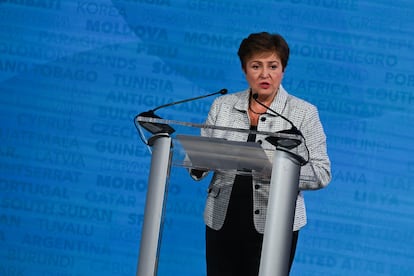 La directora gerente del FMI, Kristalina Georgieva, durante un discurso este lunes en Washington.