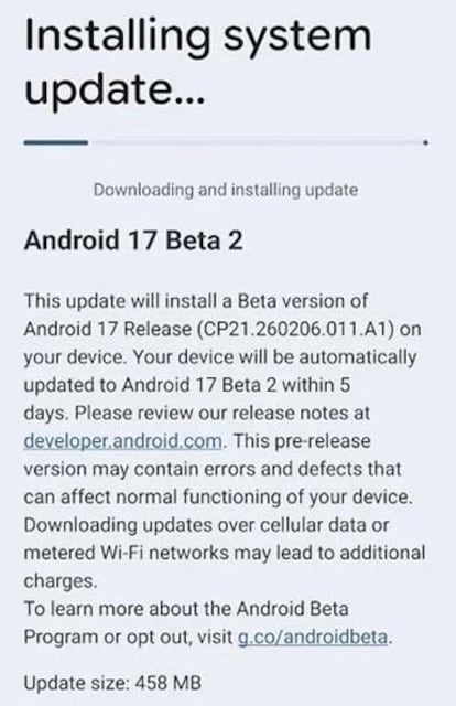 Llegada de Android 17 Beta 2