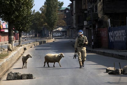 Un soldado paramilitar indio patrulla durante el toque de queda en Srinagar, en la zona de India controlada por separatistas de Cachemira. Las autoridades han impuesto el toque de queda en algunas zonas de Cachemira para evitar la protesta convocada en la principal ciudad de la región del Himalaya por los líderes independentistas que buscan el fin del gobierno indio.