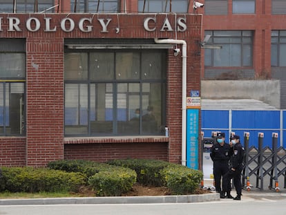 Security personnel outside the headquarters of the Wuhan Institute of Virology in February 2021.