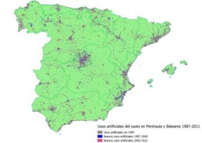 Mapa de incremento de superficie artificial considerando dos periodos 1987-2000-2011.