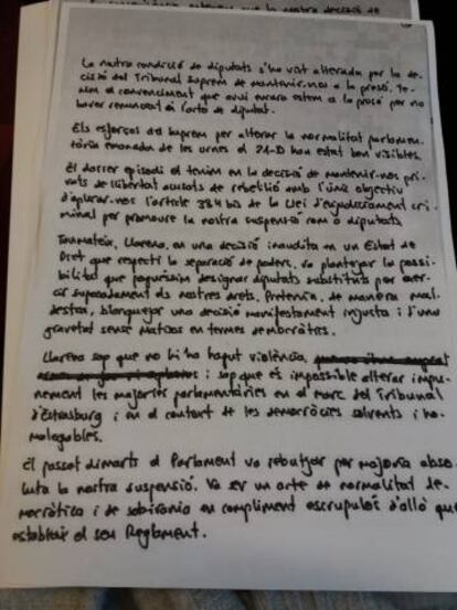 Carta de Puigdemont, Turull, Rull y Jordi Sánchez al Parlament.