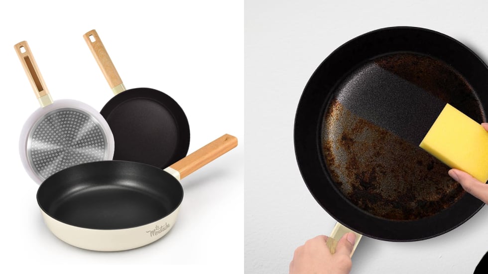 Juego de sartenes con aluminio antiadherente y asas de baquelita.