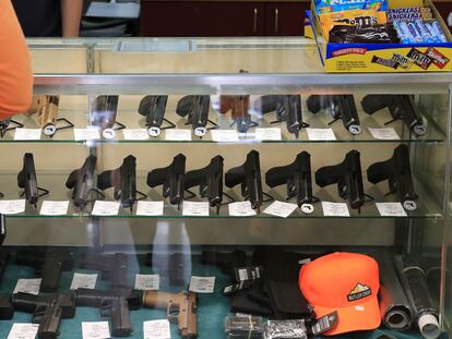 Handguns are displayed at a gun shop on June 23, 2022, in Honolulu.