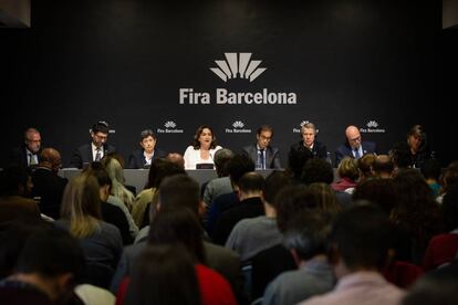 Rueda de prensa para informar sobre la cancelación del Mobile World Congress, en la Fira de Barcelona, en Barcelona, hoy.