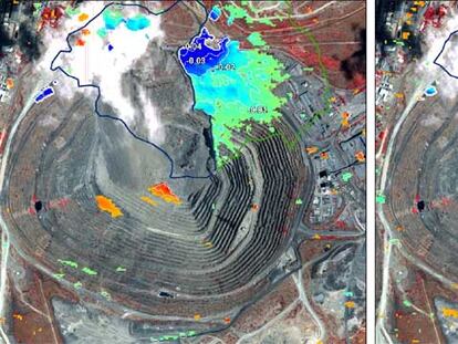 Representación de los datos de radar en la zona noroeste de la mina Palabora en dos periodos de 2004, sobre una fotografía aérea de la misma. 
/ VEXCEL