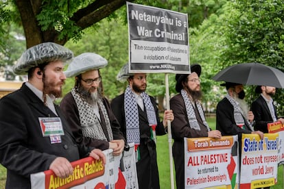 Protesta, este lunes, a las puertas de la Casa Blanca, contra Netanyahu. 
