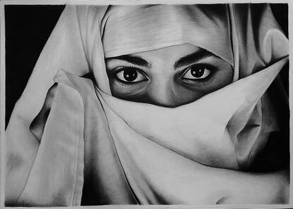 Retrato de una mujer libia dibujado por Fariha.