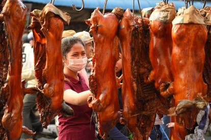 Los clientes miran a los cerdos asados en venta en un mercado de Phnom Penh, Vietnam, el 4 de febrero de 2019.