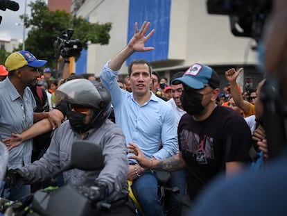 Juan Guaidó at a march in Caracas, in which he asked Nicolás Maduro to set a date for the presidential elections.