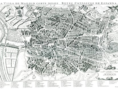 Mapa de Antonio Mancelli 'La Villa de Madrid Corte de los Reyes Católicos de Espanna', en una reedición del grabador holandés Frederic de Witt, hacia 1635, de la web del Instituto Geográfico Nacional.