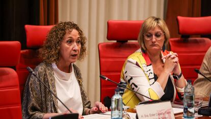 La consejera de Territori, Ester Capella, acompañada de la ya exvicepresidenta del Parlament, Alba Vergés, en la última reunión de la Diputación Permanente del Parlament.