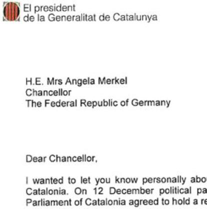 Imagen de la carta difundida por la Generalitat que el presidente catalán, Artur Mas, ha enviado a Merkel.