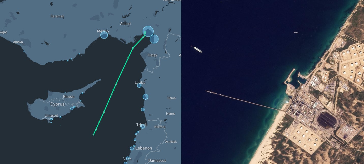 Izquierda: ruta del Kimolos hasta el 1 de marzo donde se muestra el punto en el que apagó su señal AIS para ocultar su destino. Derecha: Imagen satélite que sitúa al petrolero en el puerto de Ashkelon (Israel)