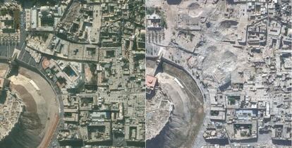 Dos imágenes tomadas por satélite de la ciudad siria de Alepo, el 21 de noviembre de 2010 (izquierda) y el 22 de octubre de 2014 (derecha). En las imágenes se muestra la desaparición de monumentos históricos, como el Hotel Carlton (arriba a la izquierda) donde ahora solo se aprecian cráteres.