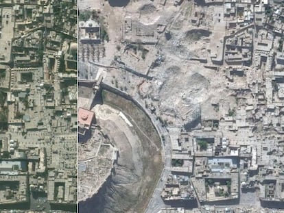 Dos imágenes tomadas por satélite de la ciudad siria de Alepo, el 21 de noviembre de 2010 (izquierda) y el 22 de octubre de 2014 (derecha). En las imágenes se muestra la desaparición de monumentos históricos, como el Hotel Carlton (arriba a la izquierda) donde ahora solo se aprecian cráteres.