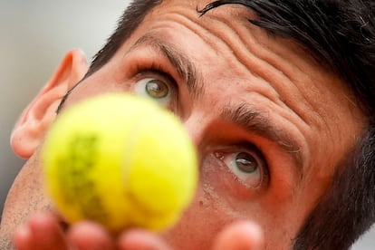 Djokovic se dispone a realizar un saque. 