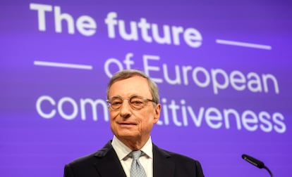 El expresidente del BCE, Mario Draghi, en la presentación del informe para mejorar la competitividad de la UE.