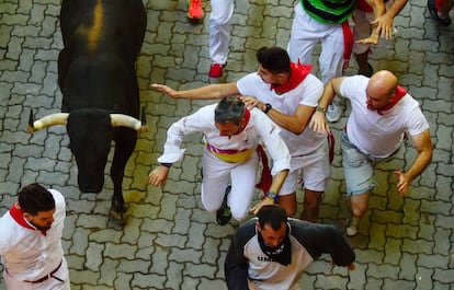 Un participante intenta tocar la cornamenta de uno de los toros de la ganadería de Victoriano del Rio.