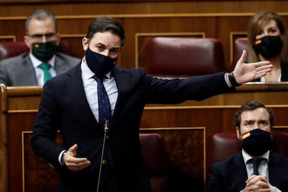 El presidente de Vox, Santiago Abascal, en un momento de su intervención en la sesión al control al Ejecutivo el pasado 14 de octubre.