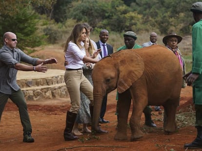 Melania Trump acaricia a un bebé elefante este viernes en el Parque Nacional de Nairobi (Kenia).