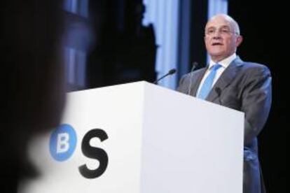 El presidente de Banco Sabadell, Josep Oliu, durante la junta general de accionistas de la entidad, que se ha celebrado esta tarde en Sabadell.