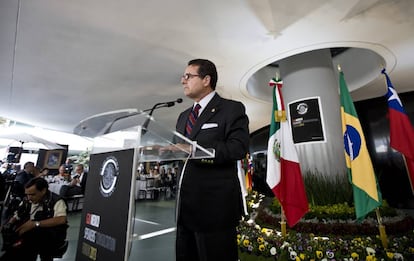 Francisco Arroyo Vieyra, en el IV Foro de Jefes del Parlamento de los pa&iacute;ses del G20, en abril de 2013, en la Ciudad de M&eacute;xico. 