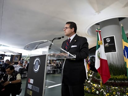 Francisco Arroyo Vieyra, en el IV Foro de Jefes del Parlamento de los pa&iacute;ses del G20, en abril de 2013, en la Ciudad de M&eacute;xico. 