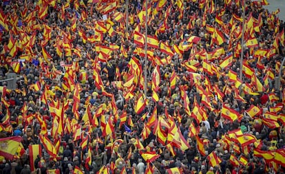 Manifestación convocada por PP, Ciudadanos y Vox en Madrid en febrero. 