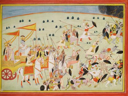 Krishna y los hermanos Pāndava batallan contra los demonios, en una escena del 'Mahābhārata'.