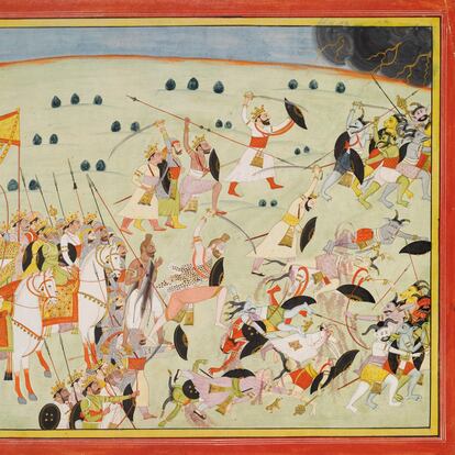 Krishna y los hermanos Pāndava batallan contra los demonios, en una escena del 'Mahābhārata'.