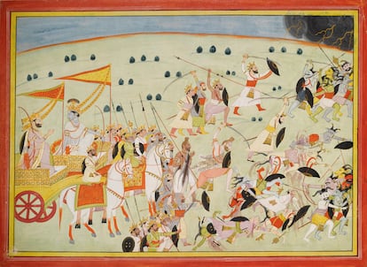 Krishna y los hermanos Pāndava batallan contra los demonios, en una escena del 'Mahābhārata'.