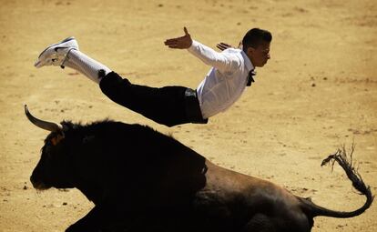 Con motivo de la festividad del Dos de Mayo, la plaza de toros de las Ventas de Madrid ha sido hoy escenario de  un campeonato Goyesco de recortadores, que consiste en esquivar y saltar acrob&aacute;ticamente sobre un toro.