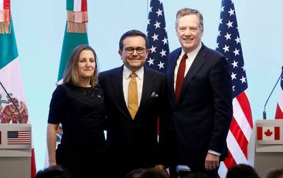Chrystia Freeland (Canadá), Ildefonso Guajardo (México) y Robert Lighthizer (EE UU), en marzo pasado.