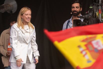 La líder ultraderechista italiana Giorgia Meloni, en el acto celebrado por Vox en la Feria de Madrid, en octubre pasado.