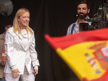 La líder ultraderechista italiana Giorgia Meloni, en el acto celebrado por Vox en la Feria de Madrid, en octubre pasado.