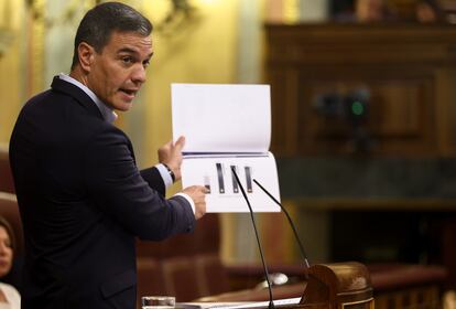 El presidente del Gobierno, Pedro Sánchez, interviene durante una sesión plenaria en el Congreso de los Diputados.