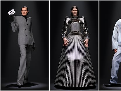 Tres de las propuestas de la colección 52 de costura de Balenciaga, presentadas en la semana de la moda de París el miércoles.