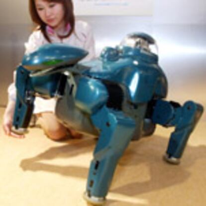 "Banryu", el robot dinosaurio creado por Tmsuk y Sanyo, durante la exposición Robodex 2003