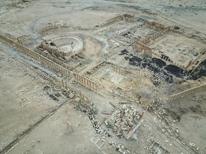 Vista aérea del sitio conjunto arqueológico de Palmira, el 8 de febrero de 2025. 