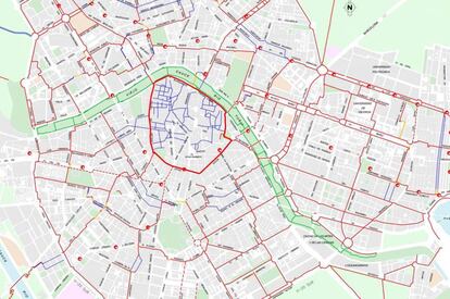 Futuro mapa ciclista de Valencia. Reino de Valencia y la calle Russafa también tendrán carril bici, aunque no aparece grafiado en la imagen.