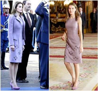 En 2009, para la recepción en el Palacio Real, doña Letizia, que eligió un peinado y maquillaje natural y algo más informar, optó por quitarse la chaqueta que sí lució durante el desfile.