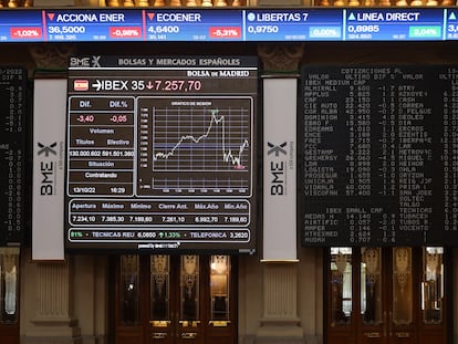 Un panel del Ibex 35 en el Palacio de la Bolsa, el jueves en Madrid.