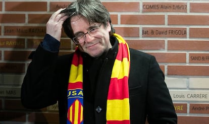 El expresidente de la Generalitat, Carles Puigdemont, durante su visita a Perpiñán.