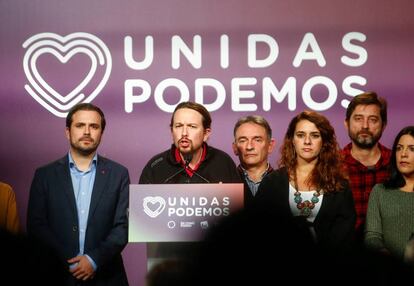 Unidas Podemos candidate Pablo Iglesias speaks to supporters in Madrid.