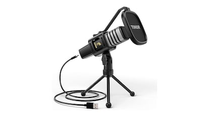 Podcast microphone on a white background.