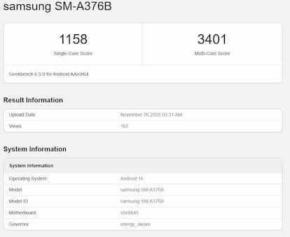 Datos del futuro Samsung Galaxy A37 en la prueba de rendimiento Geekbench