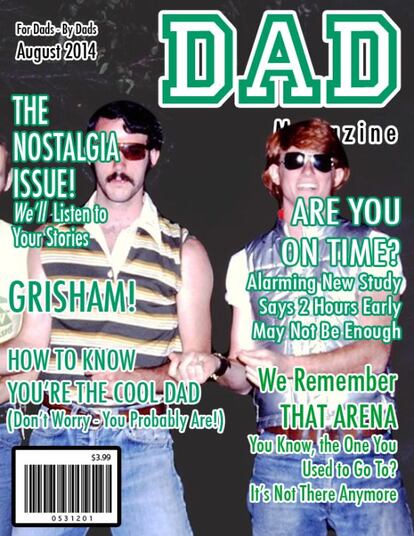 Titulares: 'Especial nostalgia: Escuchamos tus batallitas'. '¿Llegas a tiempo? Un nuevo y alarmante estudio asegura que dos horas de antelación no bastan', '¡Grisham!', 'Cómo saber que eres un padre enrrollado (tranquilo, probablemente lo seas)', 'Recordamos ese estadio, ya sabes, ese al que solías ir. Lo han derrumbado'.
