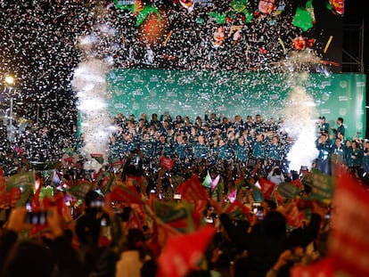 Celebración de la victoria electoral de Lai Ching-Te en las presidenciales de Taiwán, en Taipéi, el día 13.