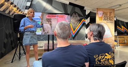 La investigadora Pilar Diarte, durante su charla en la fábrica de cerveza La Caníbal, en el marco del festival Pint of Science 2026.